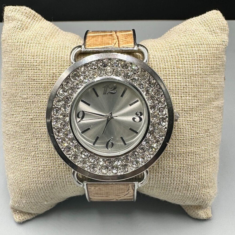 3/$30 Silver Tone Women Cuff Watch Rhinestone Bezel Arabic Numerals Works 7"